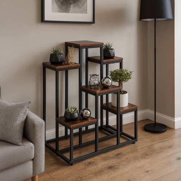 Plantestativ i loftstil med 6 hyller, stål og sponplate