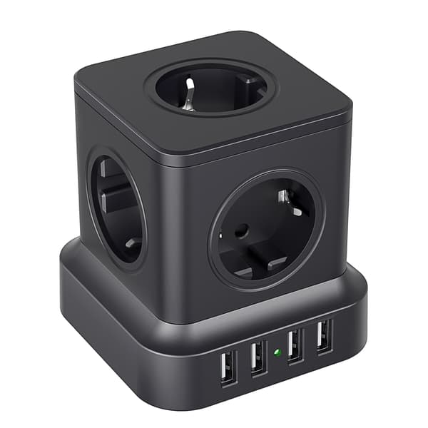 Grenuttak med USB 5 AC-uttak 2 USB-C 2 USB-A 1,8m Skjøteledning Svart