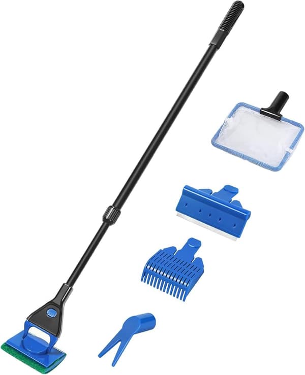 Aquarium Cleaning Tool, Aquarium Cleaning Kit with Adjustable Long Handle, 5 in 1 Tool Including Fish Net, Algae Scraper (Adjustable)