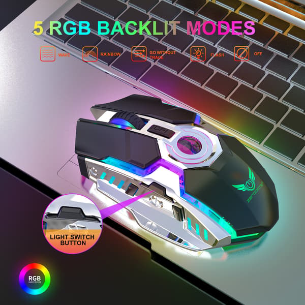 Wireless Mouse, Rechargeable RGB Lighting, 2.4G Mouse, Ergonomic Design, ABS Material, Black