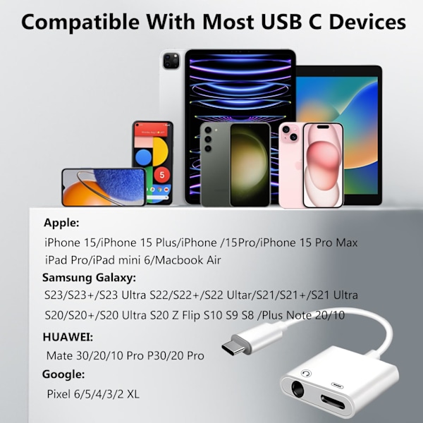 USB C - 3,5 mm:n kuuloke- ja laturiadapteri, 2-pakkaus, 2-in-1 USB C - Aux-liitäntäkaapeli PD-pikalatauksella