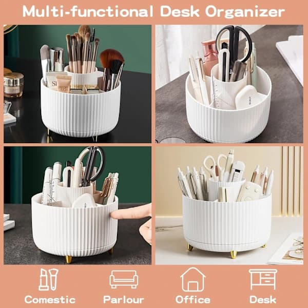 360 Rotating Pen Holder Desk Organizer with 5 Compartments ABS Storage Box for Home Office Makeup Accessories White White