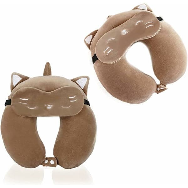 Adjustable Memory Foam Travel Pillow with Eye Mask for Travel, Airplane Neck Support (Light Brown)
