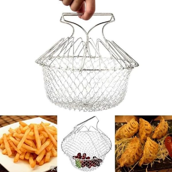 Friturekurv i 304 rustfrit stål, velegnet til pommes frites og kyllingevinger, teleskopisk sammenklappelig rund si