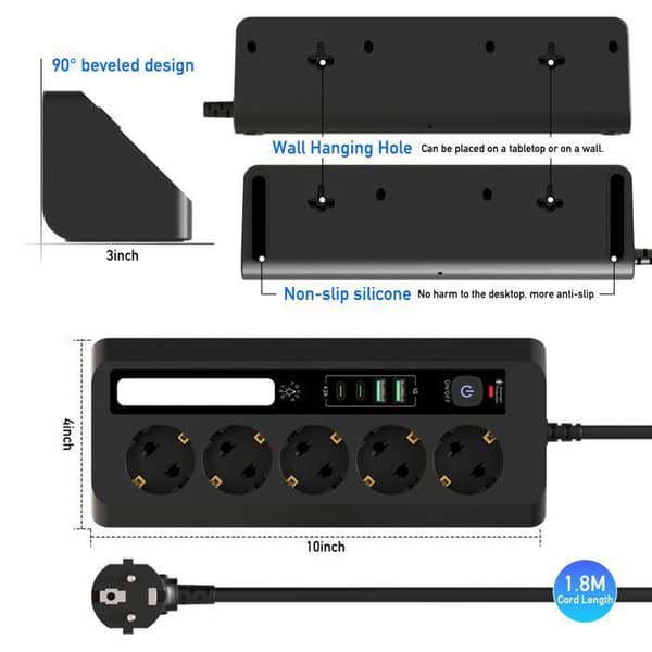 Universal grenuttag, LED överspänningsskydd, med 5 uttag, 2 USB-C, 2 USB-A, 1,8M kabel, strömbrytare, 2500W, svart