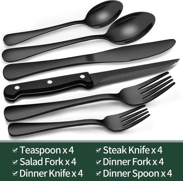 24-delt sort bestiksæt til 4 personer med steakknive i rustfrit stål