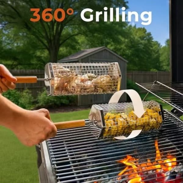 Hexagonal Rolling Grill Basket Set, 2 Stainless Steel Grill Baskets with Detachable Wooden Handles, Large and Small Stackable Design for Outdoor Use