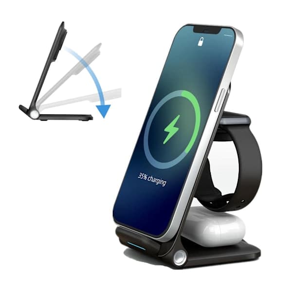 Trådløs oplader, 15W foldbar 3-i-1 trådløs ladestation
