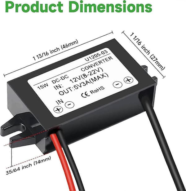 12V til 5V 3A USB-C DC-DC nedstegsmodul, vanntett strømforsyning kompatibel med Raspberry Pi 4, mobiltelefon, bil