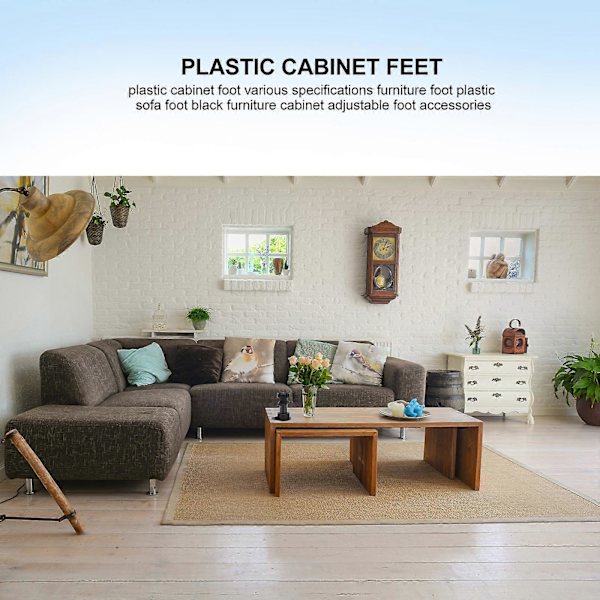 Sæt med 10 stk. 10 cm justerbare plastikfødder til skab, sofa, møbelfødder (sort)