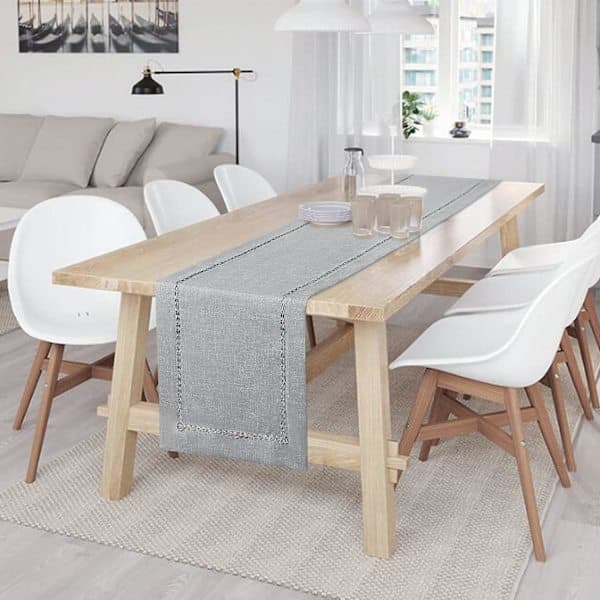Linneduk i bondgårdsstil, handgjord fållstygn, grå bordslöpare, 12x72 tum