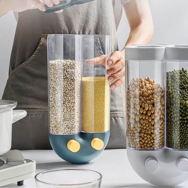 Kitchen Cereal Dry Food Dispenser Divided Sealed Storage Container 2 Grids Wall Mounted Food Storage Containers-White