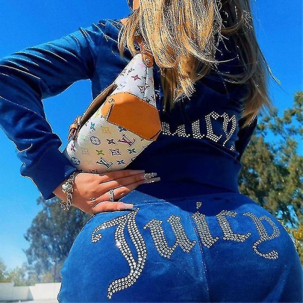 Dam sammet Juicy träningsoverall Couture träningsoverall Tvådelad set Couture sweatsuits för kvinnor BLUE S