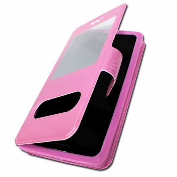 Archos Access 57 Extra Slim Pink Folio Case X 2 Windows in Organic Quality Leather with Magnetic Closure and Stitching