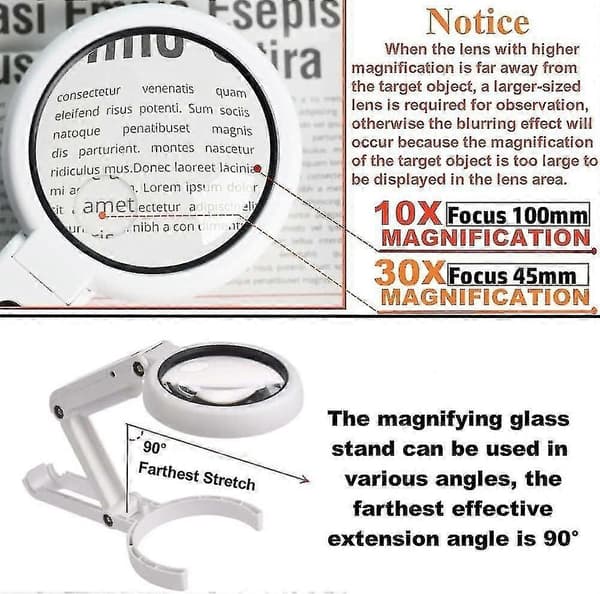 30x 10x Forstørrelsesglas med lys og stativ, foldbart håndholdt forstørrelsesglas, 2 niveauer dæmpbar