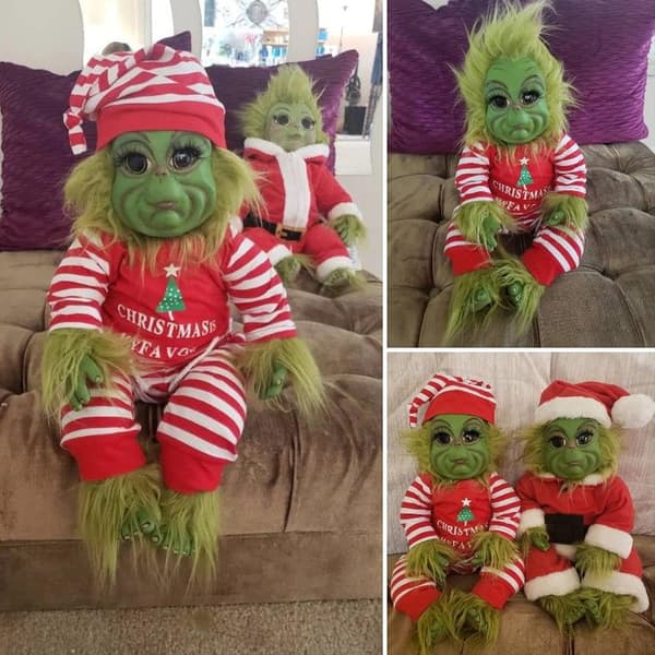Barnens julgröna lurviga Grinch-docka i tomtedräkt, julstoppad leksak