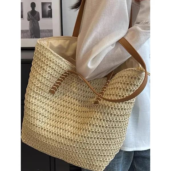 Mångsidig vävd väska dam trendig stor kapacitet pendlingsväska stråväska tote bag benvit