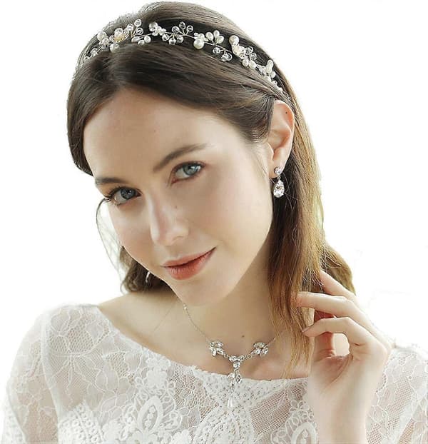 Bryllupstiara Krystal Imiterede Perler Blomst Hårtilbehør 38 cm