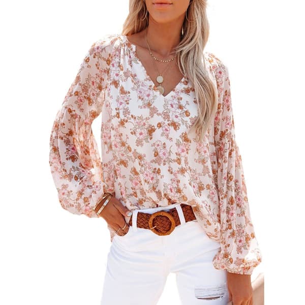 Dam Casual Boho Blommig V-ringad Långärmad T-shirt Blusar vit white L white L