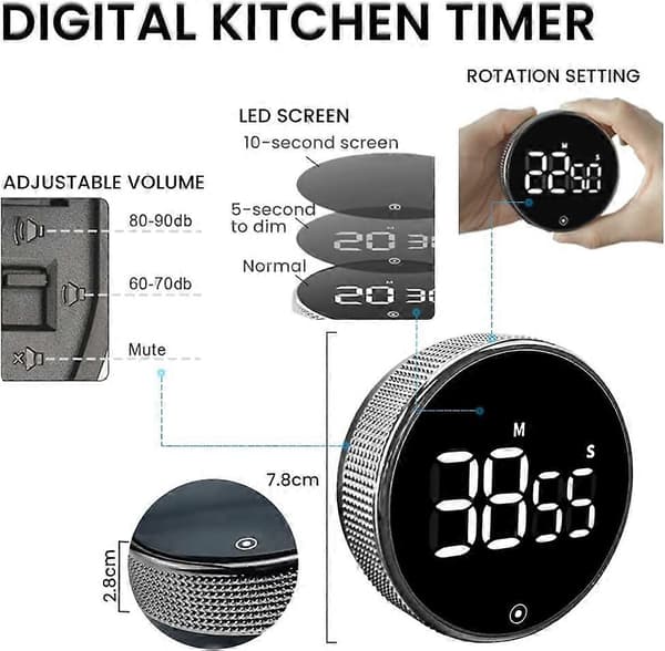 Kjøkkentimer, Digital Timer LCD-skjerm, Minutteller med Magnet, Roterende Nedtelling