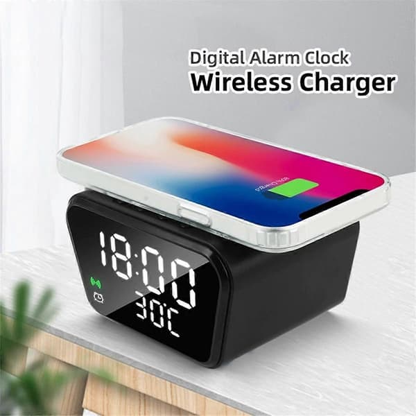 Alarm Clock 15W Intelligent Wireless Charger Time Calendar Temperature Display LED Digital Clock White