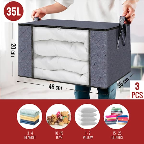 Clothing Storage Boxes, Storage Bags for Clothes, Wardrobe Organizer, with Reinforced Handles (Dark Grey, 3-Pack)