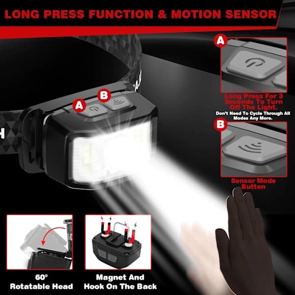 2000 Lumen Headlamp with Motion Sensor for Fishing, Camping & Cycling