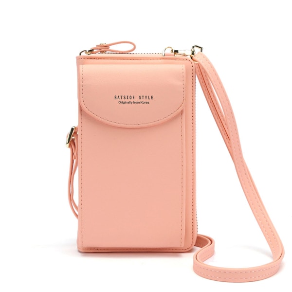 Dame mobiltelefon skuldertaske Klassisk læder mobiltelefon taske til at hænge med pung, kortpladser Light pink