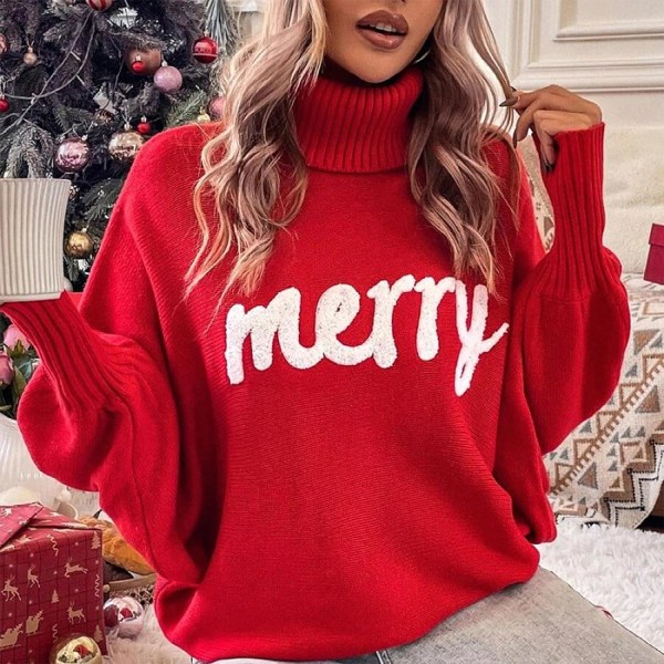 Dame Merry Sweaters Turtleneck Langermet Brevtrykk Løs strikket Pullover Merry Christmas Swea Medium Pink