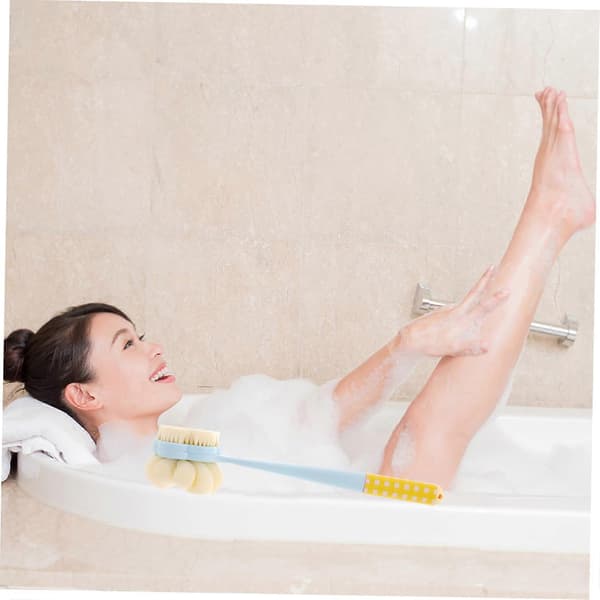 【LD】Long Handle Bath Brush and Back Scrubber with Built-in Foot File, Double-Sided Soft Bristles