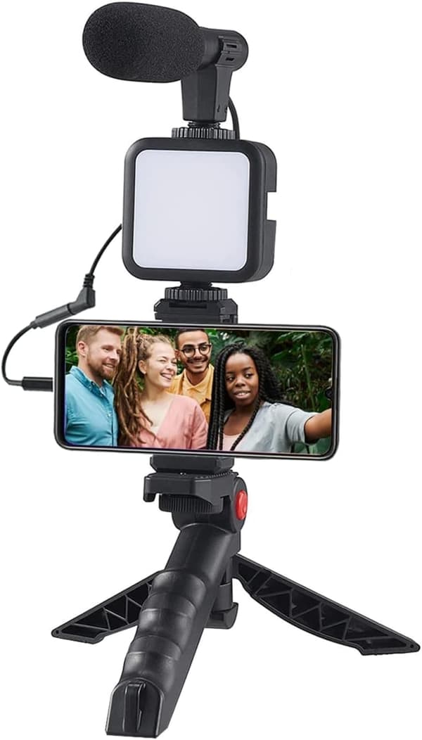 Samadex Videomikrofon Vlogging Kit - Bærbart studie-videooptagelsessæt med foldbart mikrofonstativ og selfiestick, til smartphone og kamera