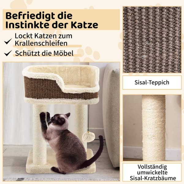 Kattetre med plysjsete, sisalstolper og ball, beige
