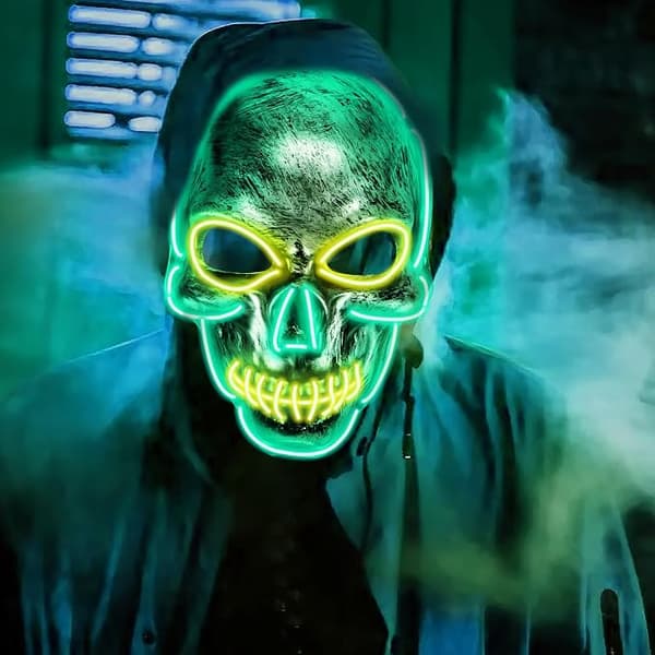 Halloween LED-hodeskallemaske, selvlysende, flere lysmoduser, PVC, for fest, karneval, cosplay