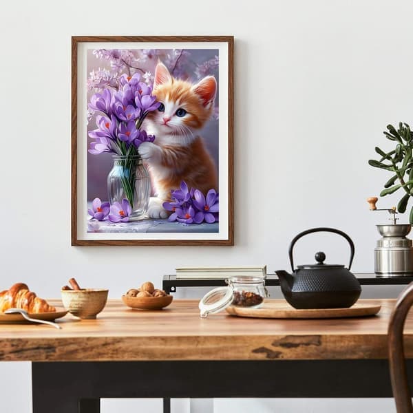 Katt Diamantmålningssats 5D Lila Blommor 35x45cm