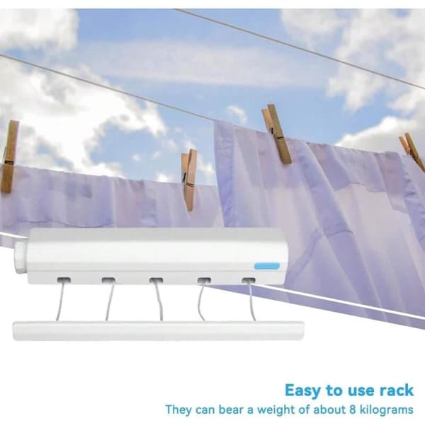 Retractable Clothesline - 5 Lines - 3.75 m Cable - Hanging Clothes Dryer - Ideal for Camping - Rollable - White