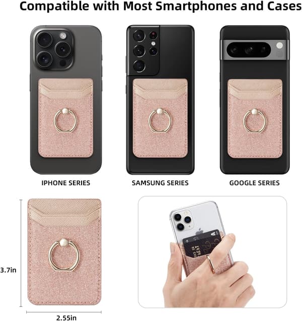 Bling-Rosa Kortfack för Mobiltelefon med Ring, RFID-skydd, Veganläder
