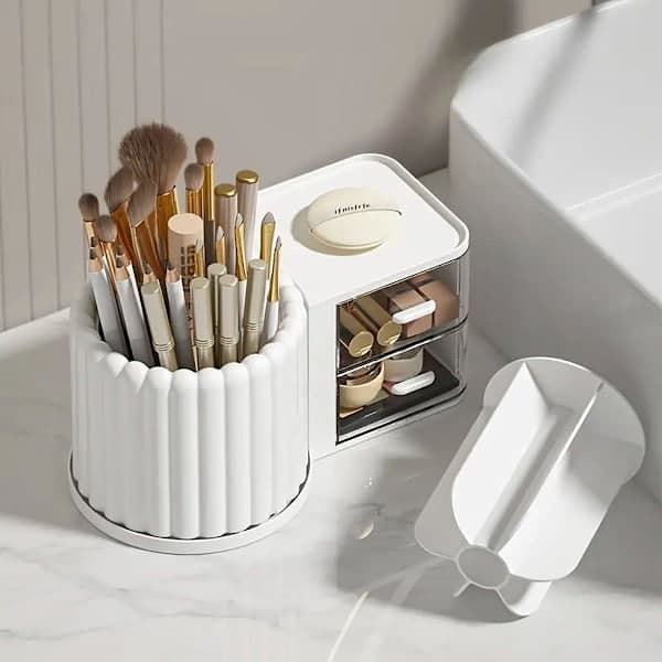 Rotating cosmetic pen holder and storage box, dustproof and waterproof, pink