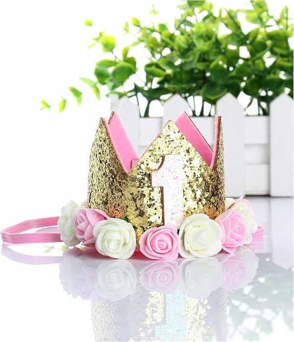Babykrone-hatt rosa og hvite blomster 1-årsdag