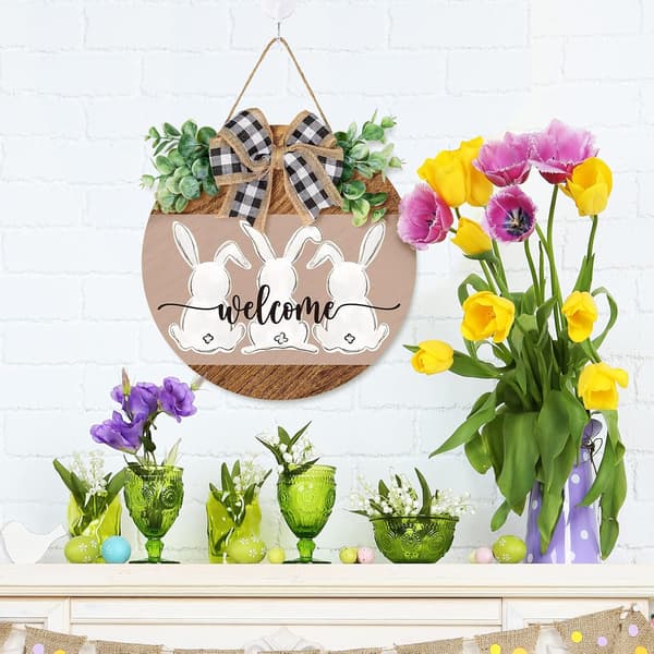 Easter Wooden Sign Hanging Door Decoration with Rabbit and Bow 30x30 cm Rustic