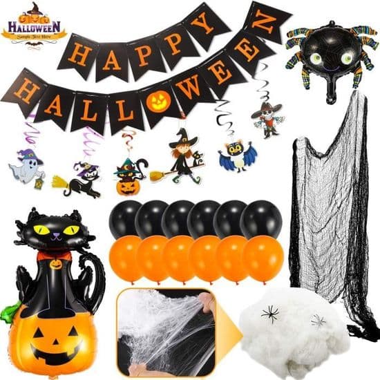 Halloween dekorationssæt - 44 dele - Orange og sorte latexballoner - Bannere og ophæng - Edderkop-tema