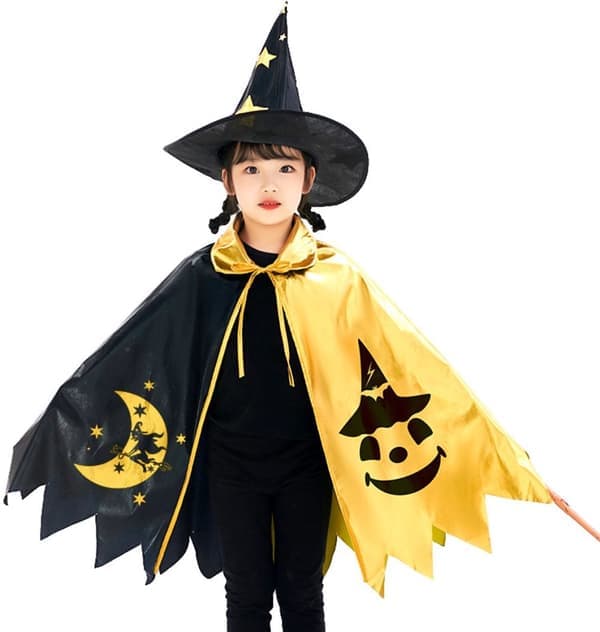 Troldmandskostume med troldmandskappe - Sort og guld stjernekappe - Rollespilskostume til børn - Halloweenkostume