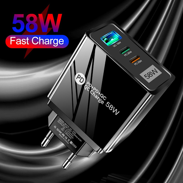 58W USB C Vegglader 3-Port GaN PD Hurtiglading Dobbel USB-C Svart Svart black