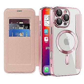 Magnetisk læderetui med kortplads og RFID-beskyttelse til iPhone 16 Pro Max Pink Style F