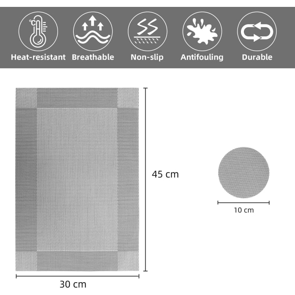 Set med 4 PVC-vinyl placemats, värmebeständiga halkfria vävda, tvättbara, för köksmatbord, 45 x 30 cm (silvergrå)