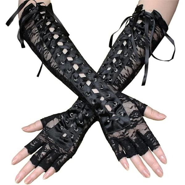 1 par långa spetsvantar (svart), snörning armbågslängd punkvantar