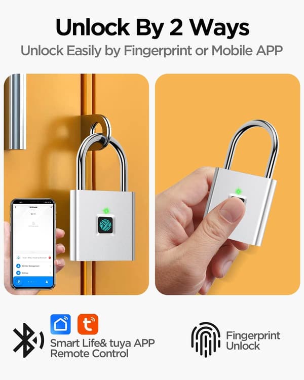 Sølv - Fingeravtrykk Hengelås, Bluetooth APP Lås, Smart Hengelås,