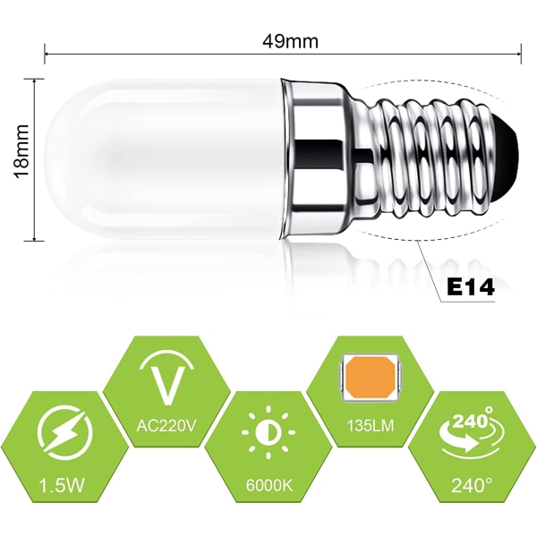 Sett med 2 E14 LED-kjøleskapslys, 1,5 W tilsvarende 15 W, kald