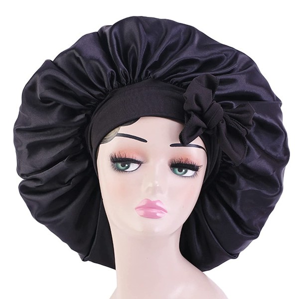 Satin Bonnet Silke Bonnet Hair Bonnet (Sort) Jumbo Størrelse til Sle