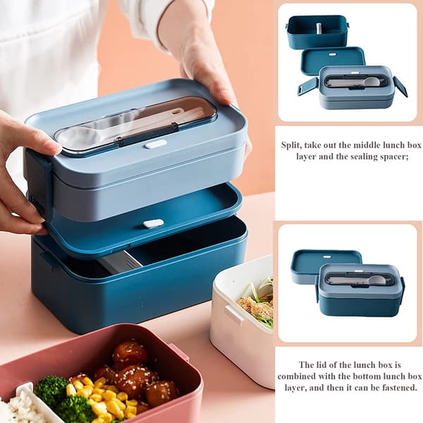 Blå - Bentolåda, 1600ML bentobox med bestick, läckagesäker böjd