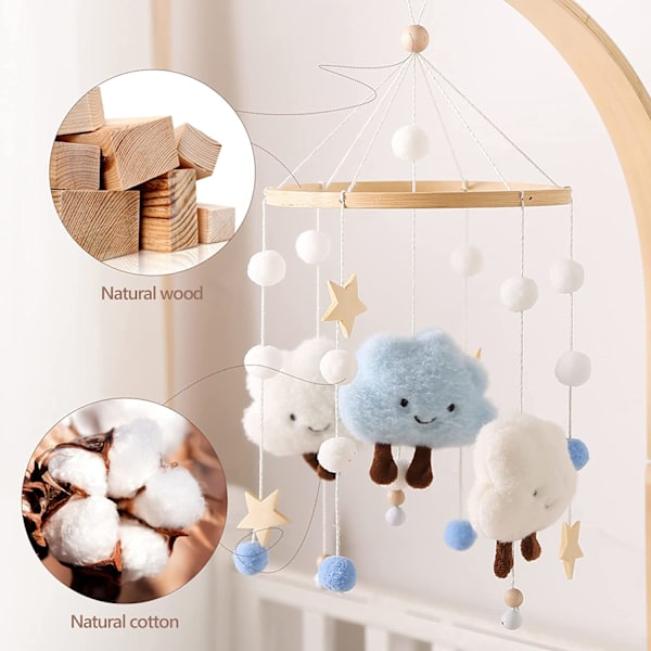 Baby Chime med filtbollar Moln Stjärnor Baby Mobile Trä Mobile